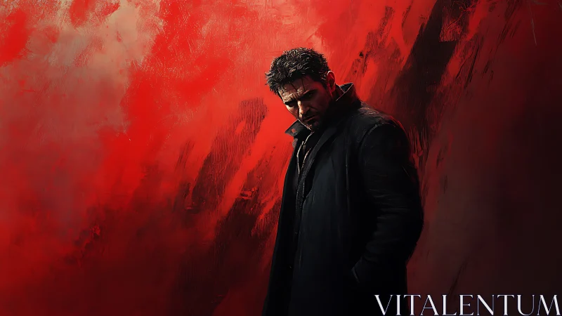 Brooding wanderer wrapped in stormy red silence.