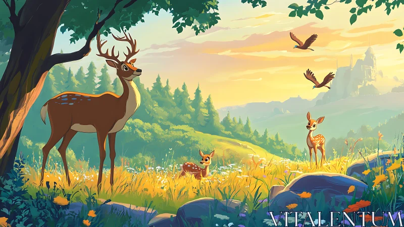 Stag and fawns in sunlit meadow near distant castle.