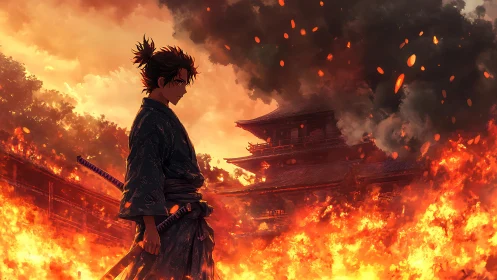 Samurai silhouette confronts blazing temple inferno at dusk.