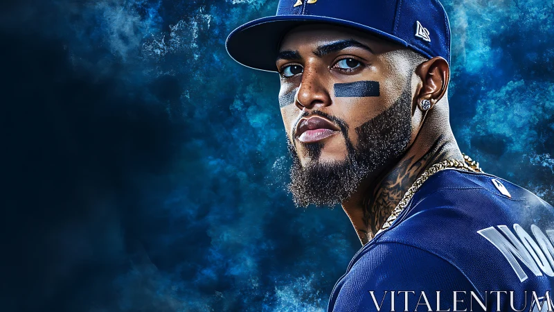 Baseball player portrait set against intense blue abstract haze