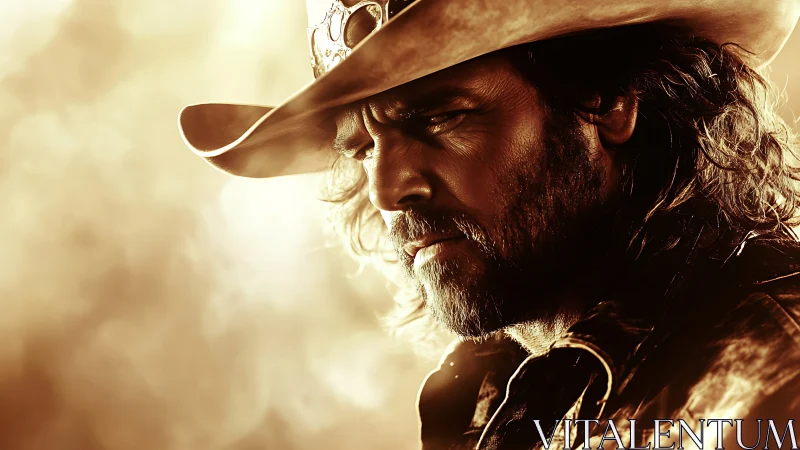 Weathered cowboy in molten sunset haze of quiet defiance.