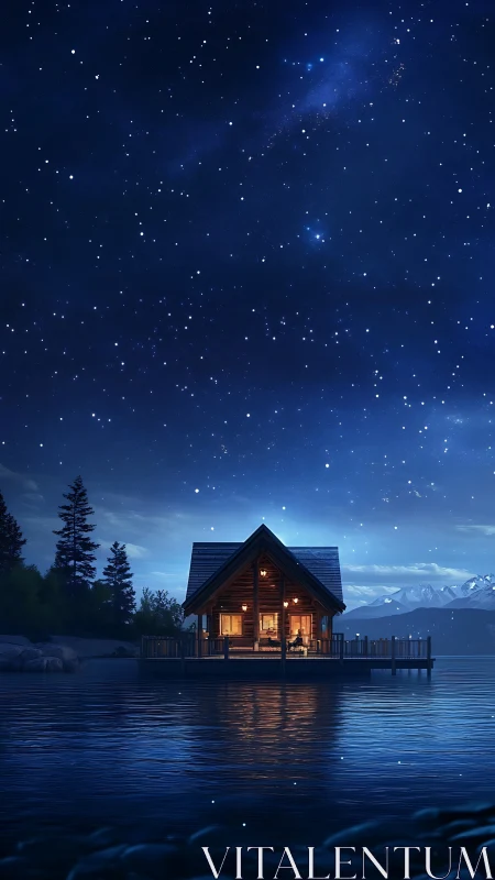 Digital nightscape of lakeside cabin under starfield sky.