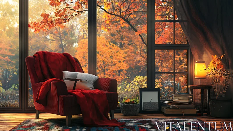 Cozy autumn reading nook glowing with sunset warmth.