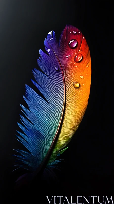 Single multicolored feather with water droplets on black field.