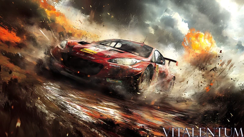 Rally race car storms explosive muddy track under fire.