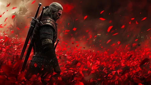 Armored swordsman stands in dense red foliage under dark sky