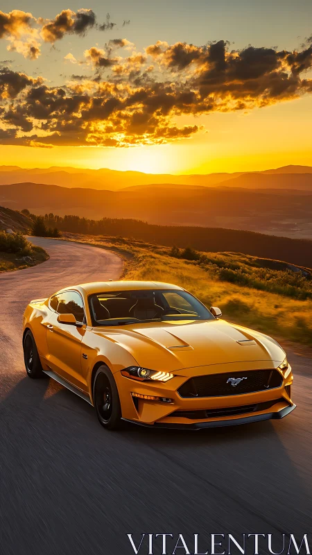 Golden sports car cruises through mountain sunset road.
