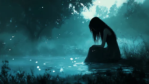 Solitary girl by moonlit lake in misty blue forest.