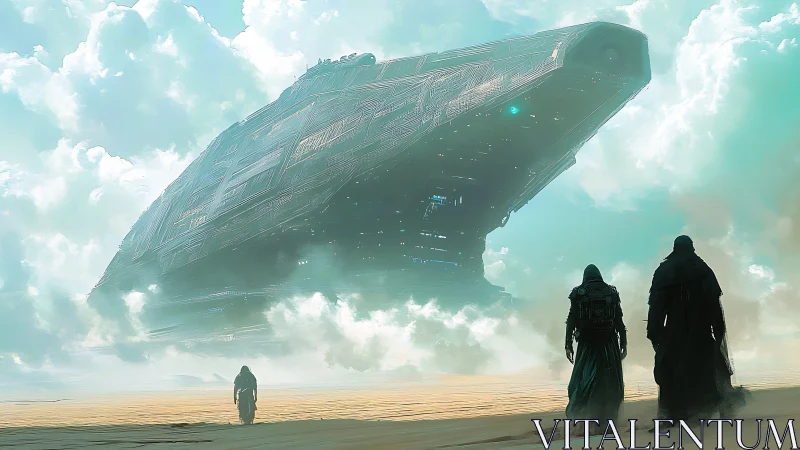 Desert nomads greet a leviathan starship slipping from clouds