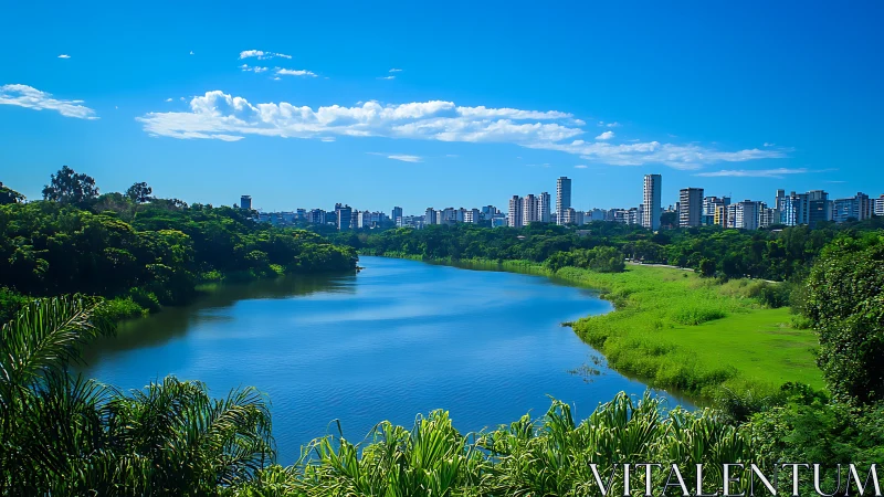 Skyline mirrors a winding blue river through emerald green calm.