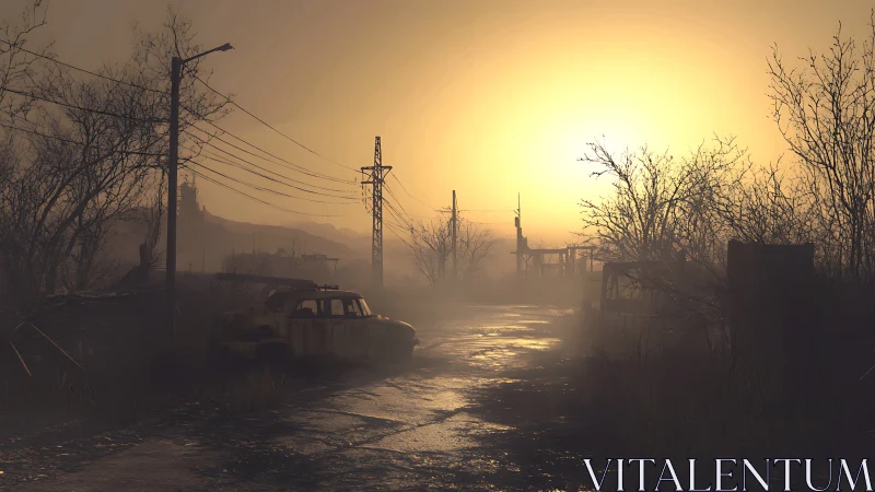 Lonely country road glows softly under a hazy golden sunrise