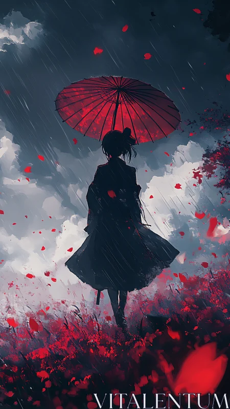 Digital painting silhouette under crimson umbrella in rainstorm.