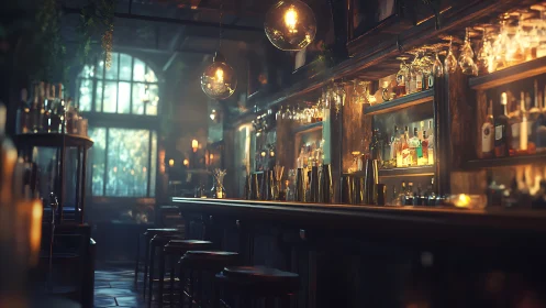 Ambient Bar Interior with Golden Pendant Lighting