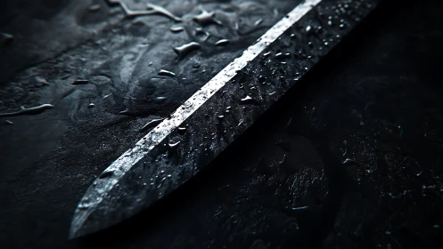 Gleaming steel blade rests in shadow with scattered waterdrops