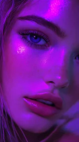 Close-up female face under purple and blue neon lighting.