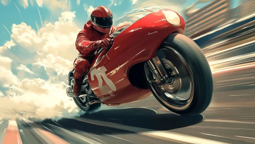Red racing motorcycle surges forward in dynamic motion.