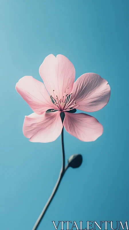 Single pink blossom suspended against clear cyan sky.