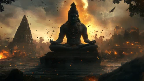 Colossal meditative deity amid apocalyptic incendiary landscape.
