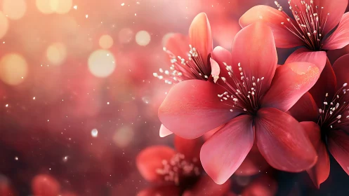 Coral Hibiscus Blooms with Bokeh Light and Particle Effects