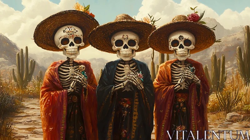 Three skeletal figures celebrate Day of Dead in desert