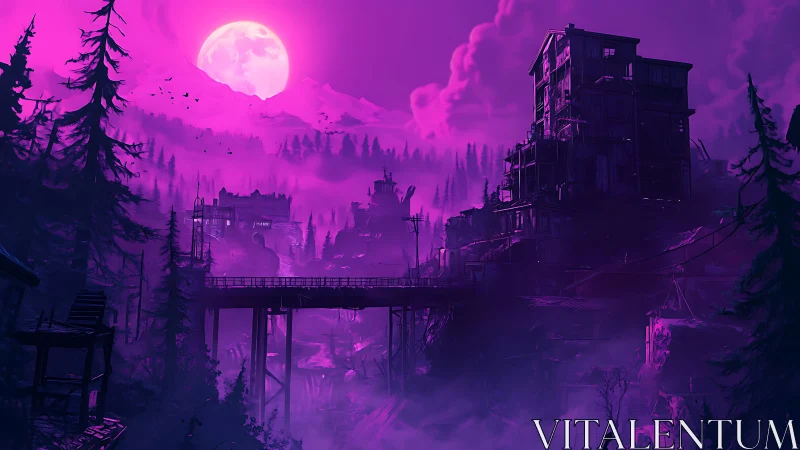 Neon magenta moonlit ruinscape with silhouetted forest forms.
