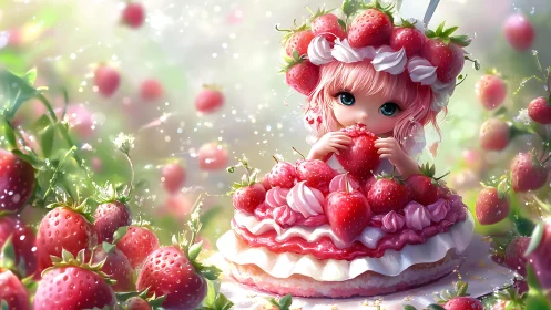 Strawberry fairy girl nested in whipped cream cake fantasy