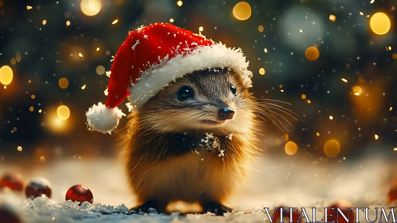 Hedgehog wears Santa hat in shallow depth festive scene
