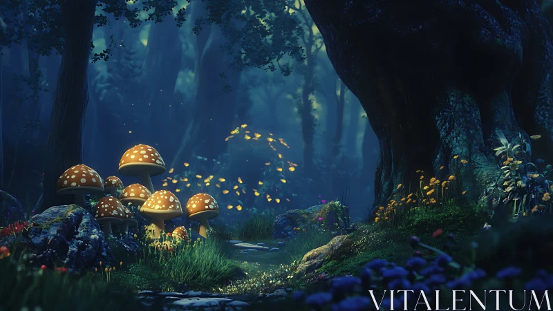Luminous mushrooms in enchanted twilight forest glade.