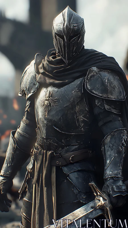 Midnight paladin stands amid ashen ruins, blade unsleeping.