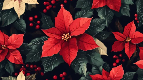Crimson poinsettia parade over midnight holiday leaves.