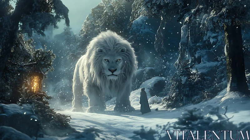 Colossal white lion meeting cloaked wanderer in frozen forest.