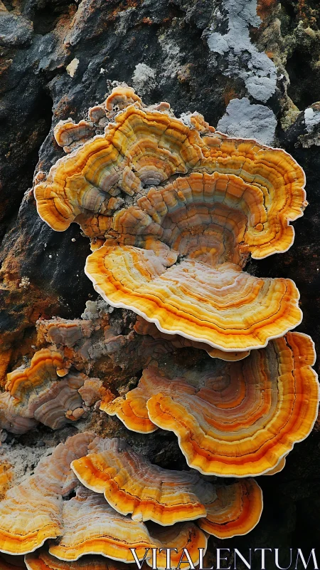 Bracket fungi with orange bands on dark tree substrate.