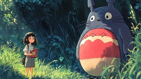 Forest encounter with child and large forest spirit character