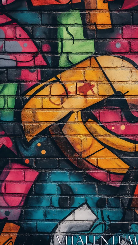 Bold urban graffiti arcs over dark brick texture wall.