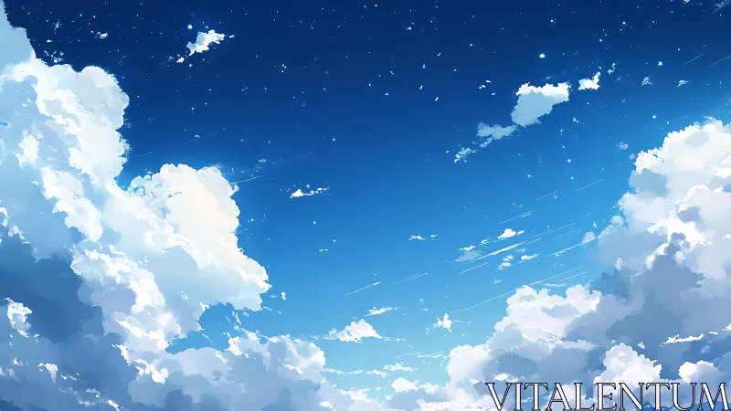 Skyward cotton castles under a quietly sparkling noon dome.