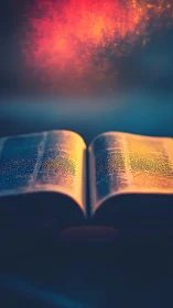 Open book in low light with warm illuminated pages.