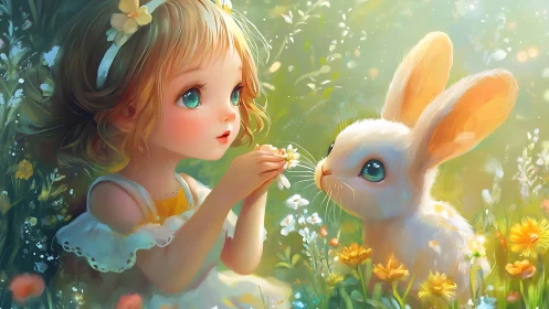 Digital painting of child and rabbit in luminous floral field.
