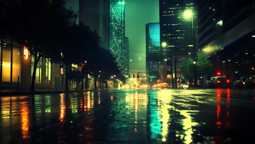 Rainy city street reflects neon and office tower lights