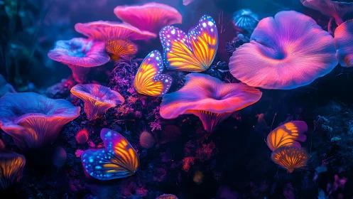 Glowing butterflies drifting through a neon mushroom dream.