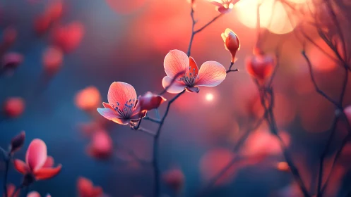 Sunset Blooms Dancing Through Rosy Twilight Mist