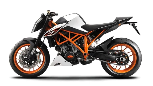 Track-focused naked motorcycle with orange trellis chassis.