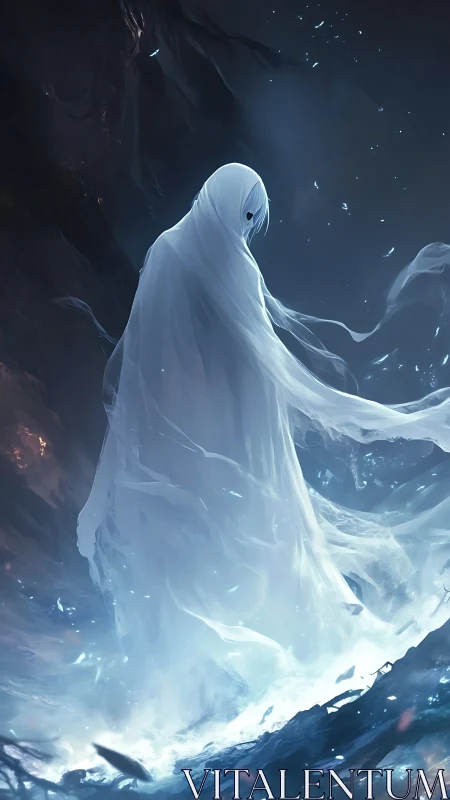 Spectral cloaked entity amid bioluminescent abyssal surge.