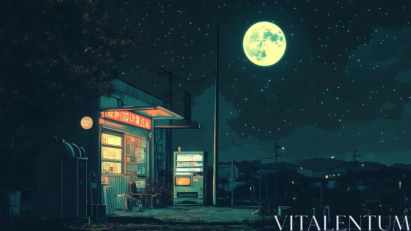 Lonely roadside shop under bright full moonlit night sky.