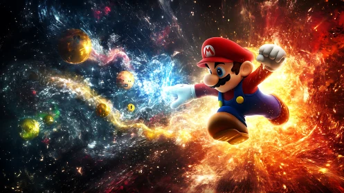 Mario character rendered leaping through glowing cosmic nebula