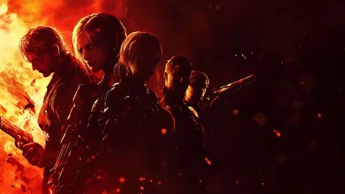 Armed Tactical Team Squad Silhouette Against Explosive Firestorm