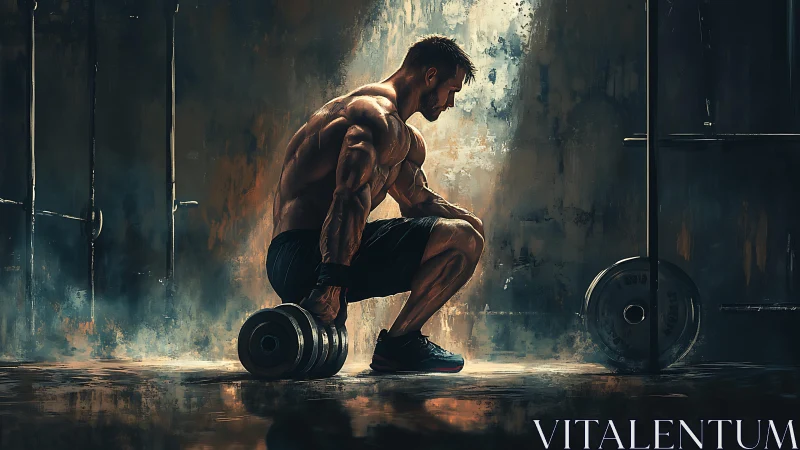 Muscular athlete resting with heavy dumbbell in moody gym light