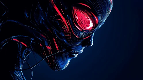 Cybernetic alien profile glows with intense red optics