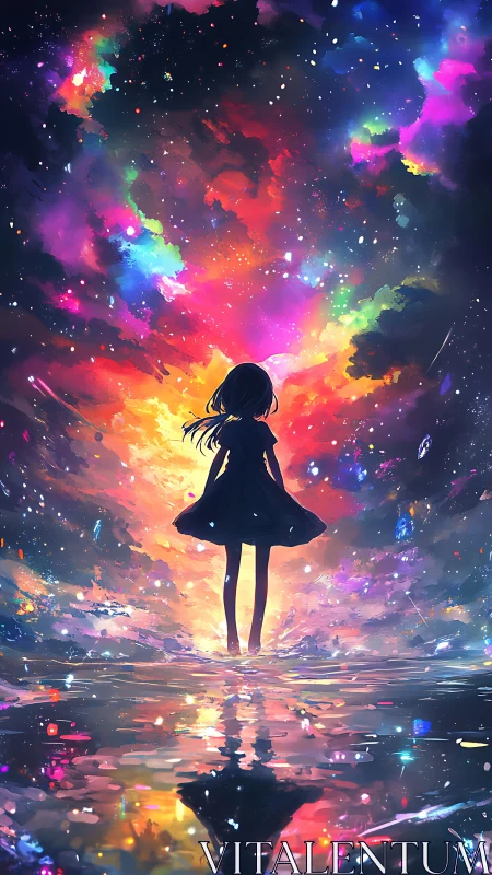 Silhouette of girl under vivid cosmic sky reflection.