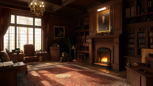Warmly lit wood-paneled study with fireplace and classical library shelving