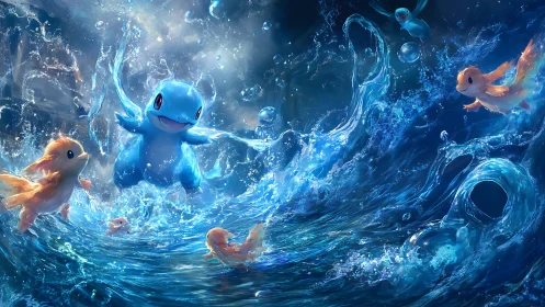 Playful aquatic creatures animate a turbulent luminous sea